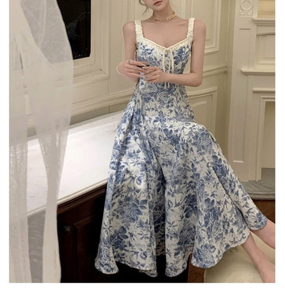 A-Line Dress V-Neck Maxi Sleeveless Floral Print