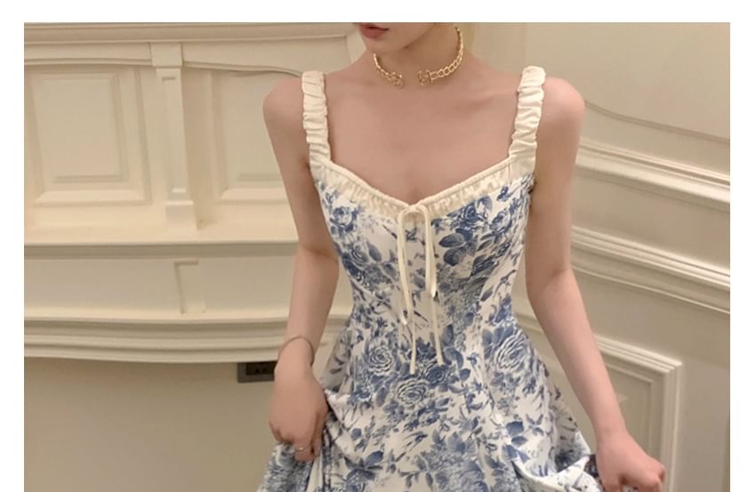 A-Line Dress V-Neck Maxi Sleeveless Floral Print