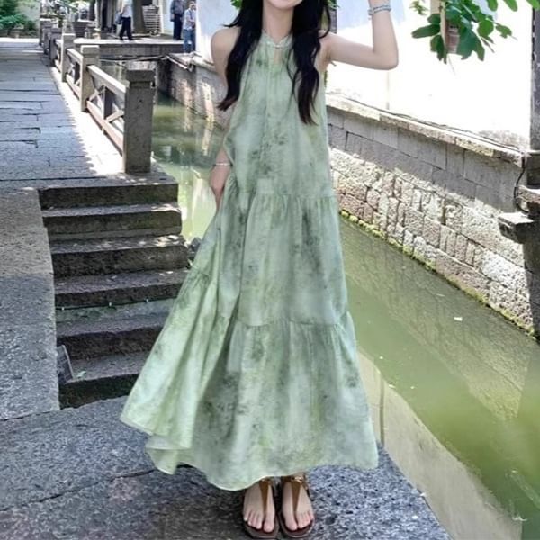 Maxi Print A-Line Dress Sleeveless