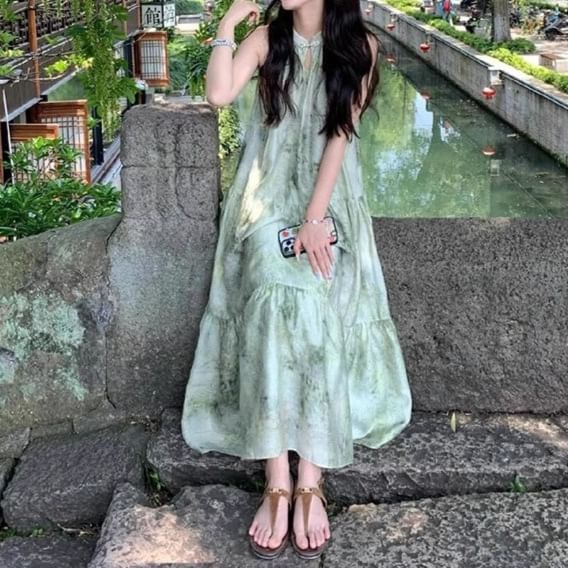 Maxi Print A-Line Dress Sleeveless