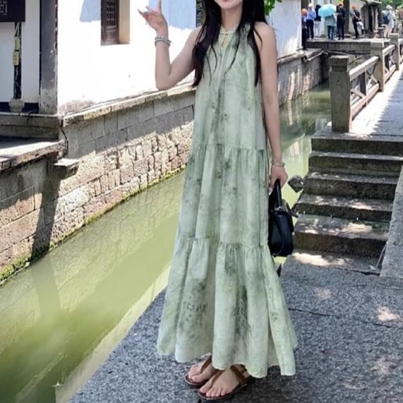 Maxi Print A-Line Dress Sleeveless