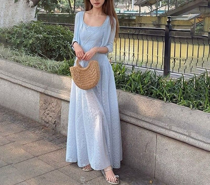 A-Line Neck Maxi Dress Sleeveless Square Plain