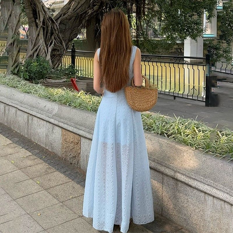 A-Line Neck Maxi Dress Sleeveless Square Plain