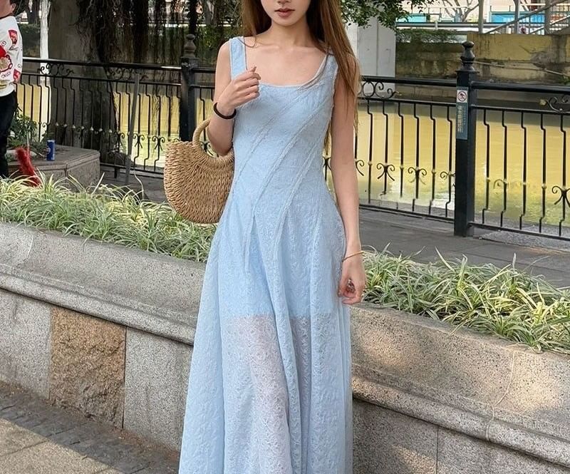 A-Line Neck Maxi Dress Sleeveless Square Plain