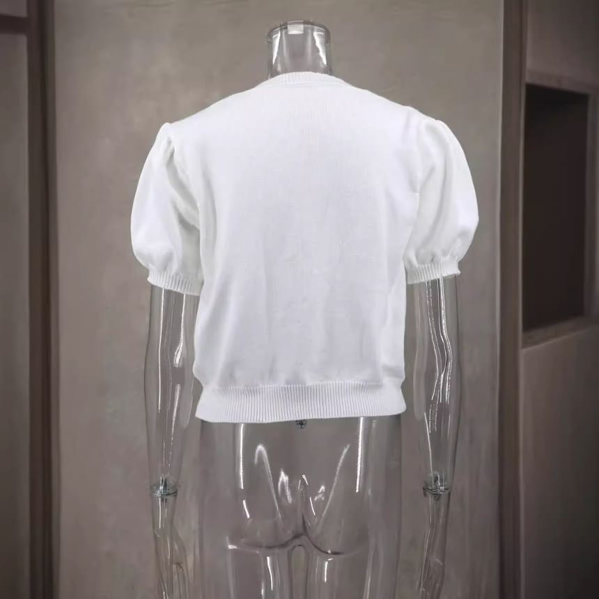 Knit Tone Bow Crop Two Accent Top Puff-Sleeve V-Neck