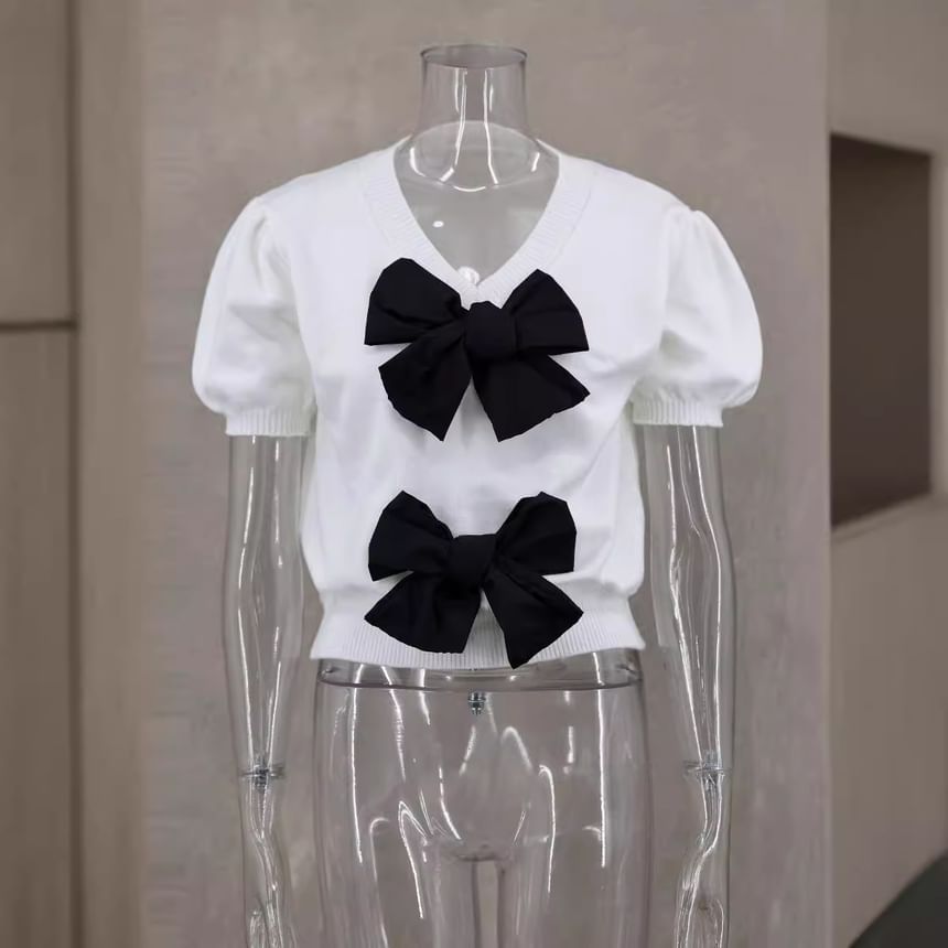 Knit Tone Bow Crop Two Accent Top Puff-Sleeve V-Neck