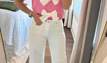 Knit Tone Bow Crop Two Accent Top Puff-Sleeve V-Neck