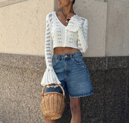 Cardigan Plain Crop Perforated Button-Up V-Neck Flared-Cuff