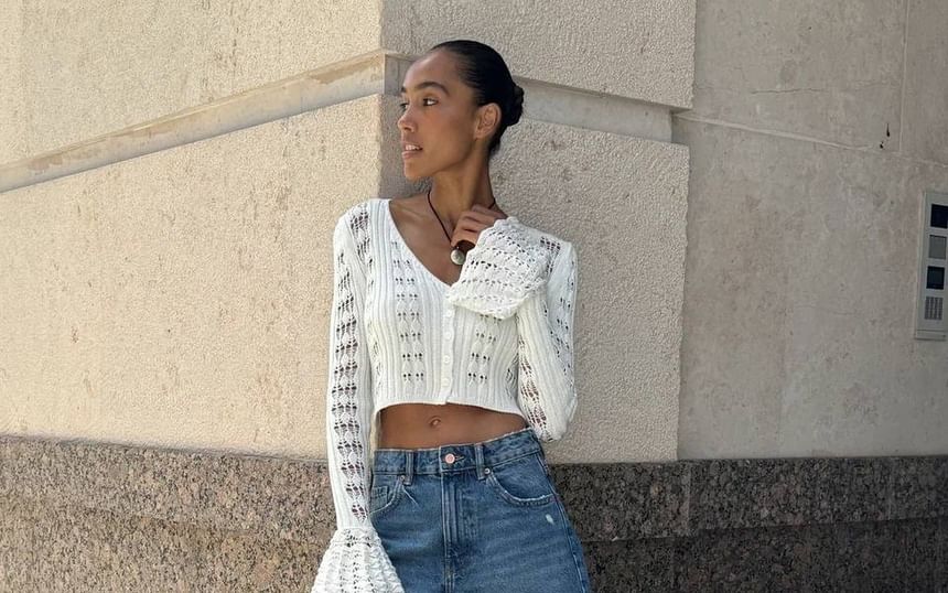 Cardigan Plain Crop Perforated Button-Up V-Neck Flared-Cuff