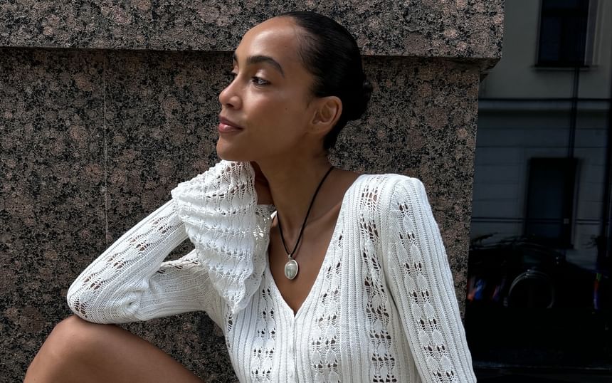 Cardigan Plain Crop Perforated Button-Up V-Neck Flared-Cuff