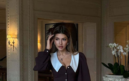 Mini Contrast A-Line Dress Ruffle Button-Up Collar Long-Sleeve Hem