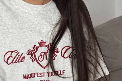Crew Neck Elbow-Sleeve Embroidered Lettering Tee