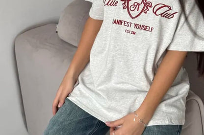 Crew Neck Elbow-Sleeve Embroidered Lettering Tee