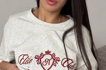 Crew Neck Elbow-Sleeve Embroidered Lettering Tee