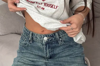 Crew Neck Elbow-Sleeve Embroidered Lettering Tee