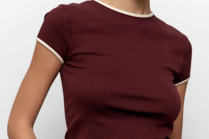 Neck Slim Contrast Fit Short-Sleeve Crop Trim Tee Crew