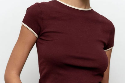 Neck Slim Contrast Fit Short-Sleeve Crop Trim Tee Crew
