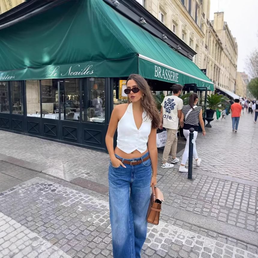 Open Back Flower Vest Plain Accent Halter Single-Breasted V-Neck Crop