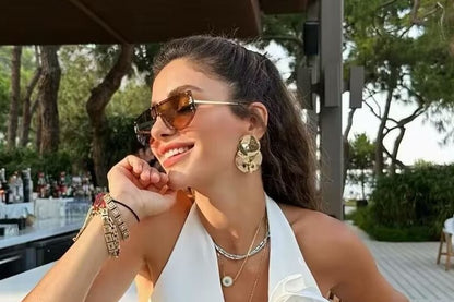 Open Back Flower Vest Plain Accent Halter Single-Breasted V-Neck Crop