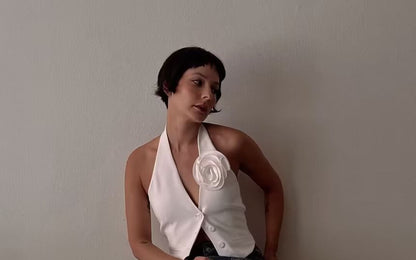 Open Back Flower Vest Plain Accent Halter Single-Breasted V-Neck Crop