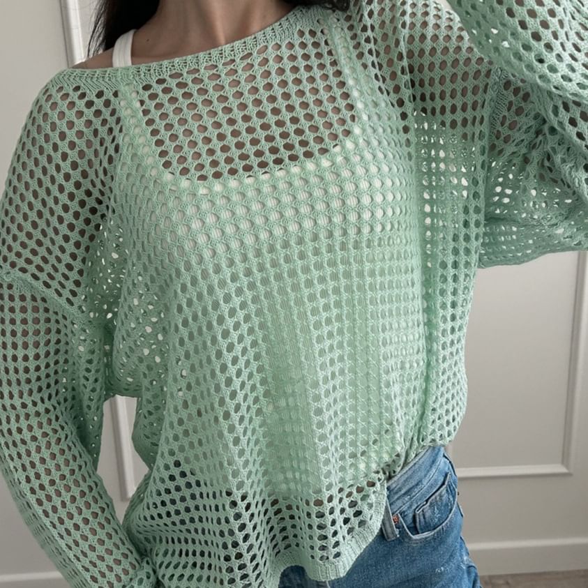 Neck Knit Top Round Perforated Long-Sleeve Plain