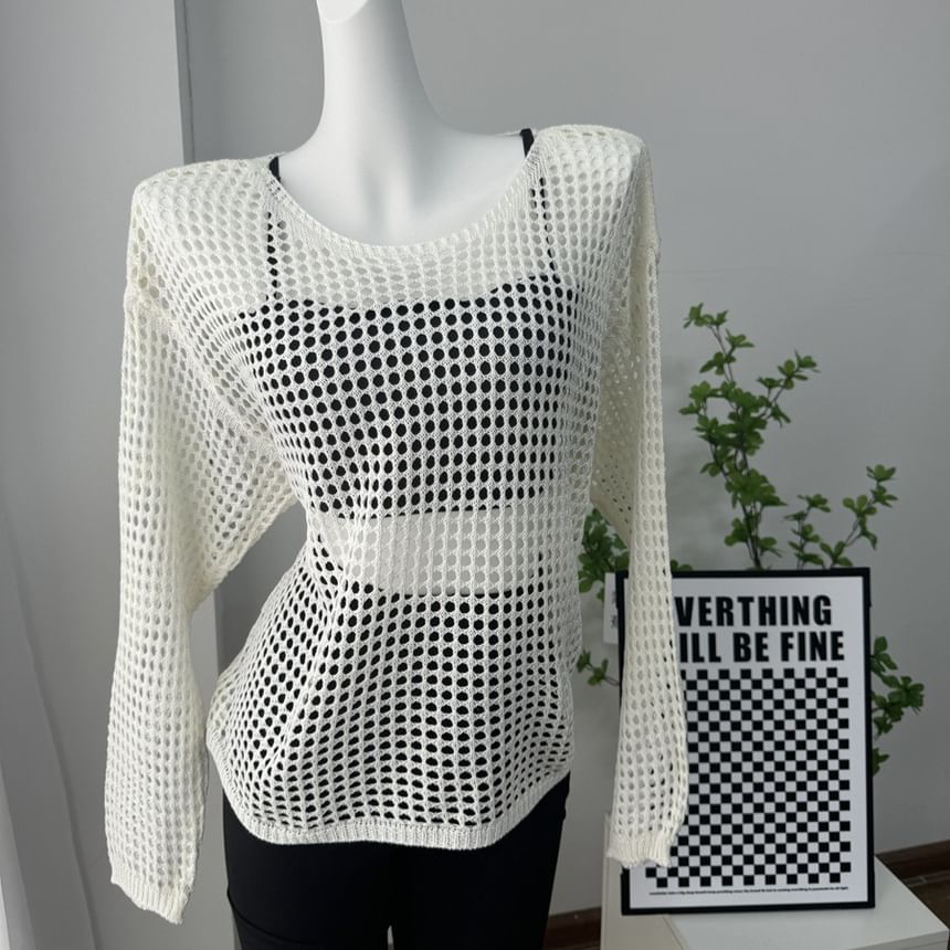 Neck Knit Top Round Perforated Long-Sleeve Plain