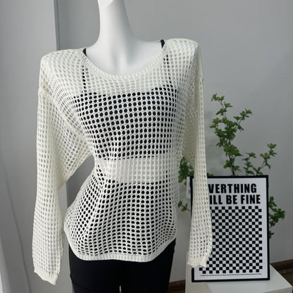 Neck Knit Top Round Perforated Long-Sleeve Plain
