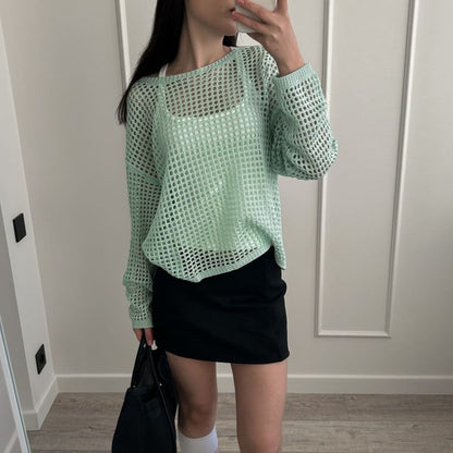 Neck Knit Top Round Perforated Long-Sleeve Plain