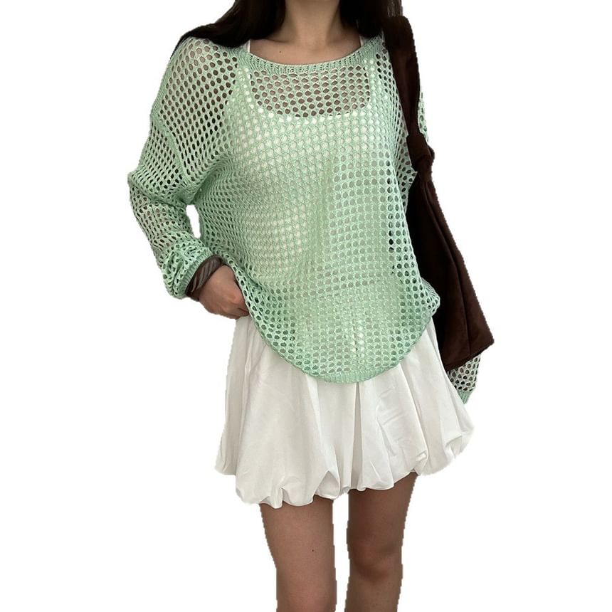 Neck Knit Top Round Perforated Long-Sleeve Plain