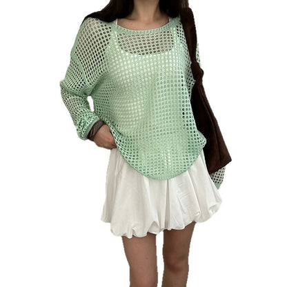 Neck Knit Top Round Perforated Long-Sleeve Plain