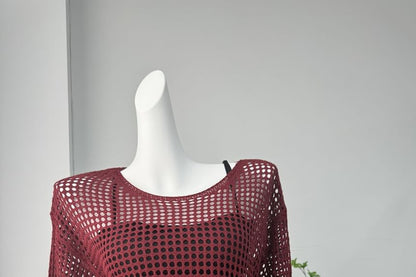 Neck Knit Top Round Perforated Long-Sleeve Plain
