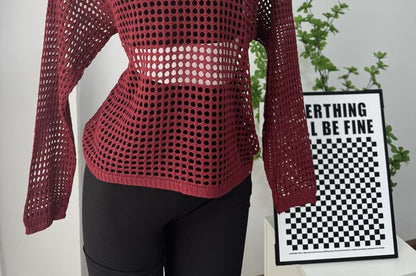 Neck Knit Top Round Perforated Long-Sleeve Plain