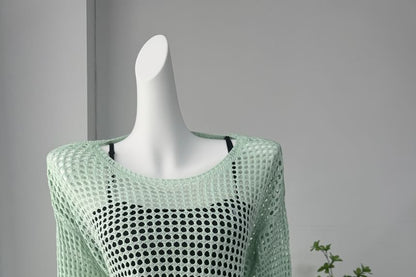 Neck Knit Top Round Perforated Long-Sleeve Plain