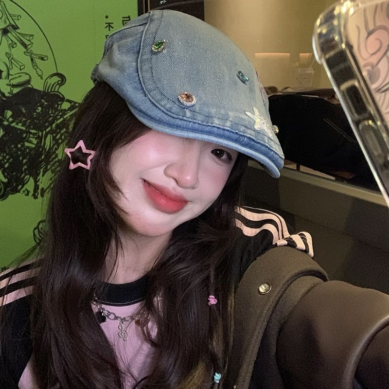 Flat Denim Embellished Cap