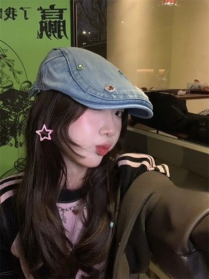 Flat Denim Embellished Cap