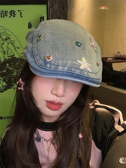 Flat Denim Embellished Cap