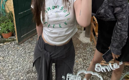 T-Shirt Crewneck Crop Lettering Short-Sleeve