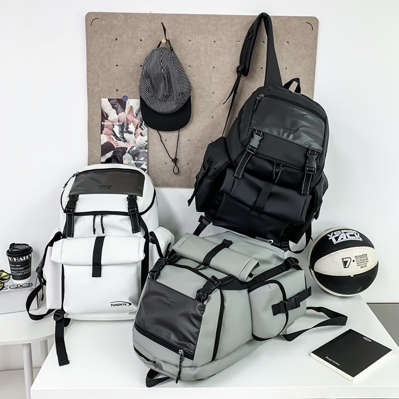 Backpack Lettering Faux Leather Buckled