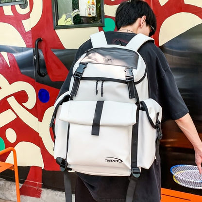 Backpack Lettering Faux Leather Buckled