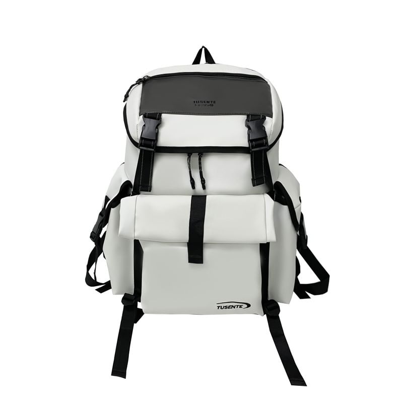 Backpack Lettering Faux Leather Buckled