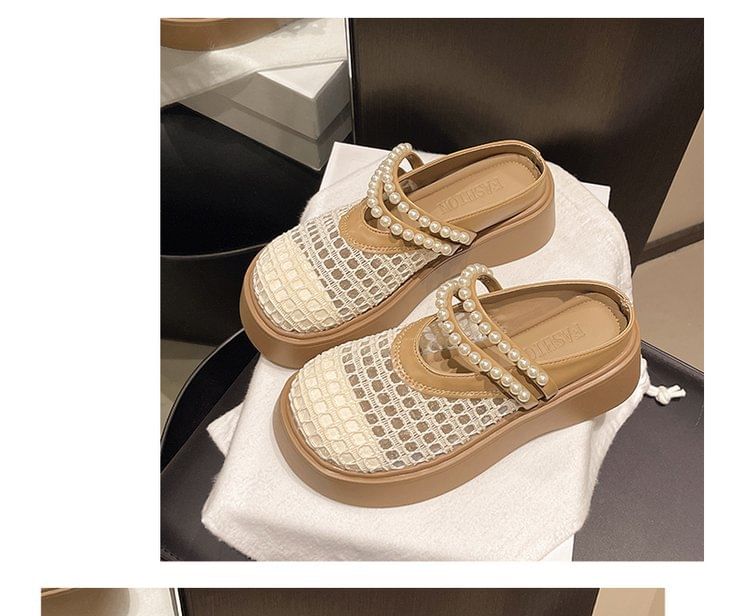 Platform Detail Mules Pearl Mesh Faux