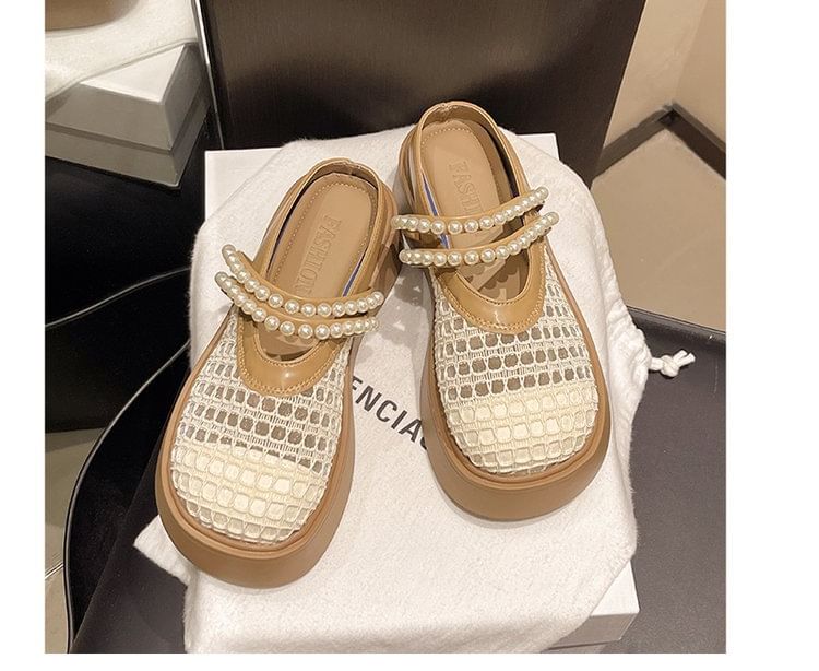 Platform Detail Mules Pearl Mesh Faux