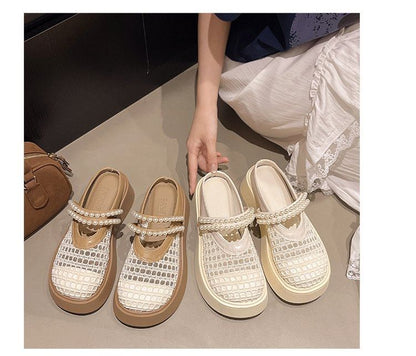 Platform Detail Mules Pearl Mesh Faux