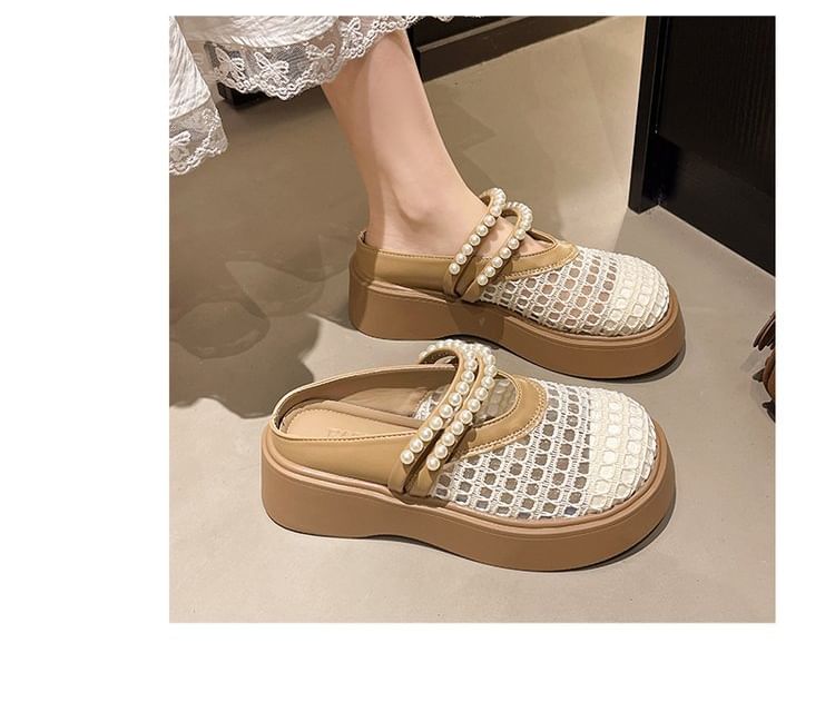 Platform Detail Mules Pearl Mesh Faux