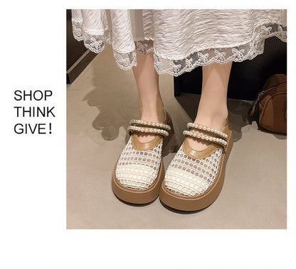 Platform Detail Mules Pearl Mesh Faux