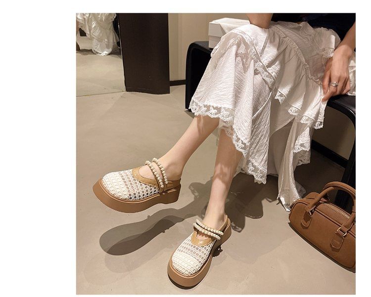 Platform Detail Mules Pearl Mesh Faux