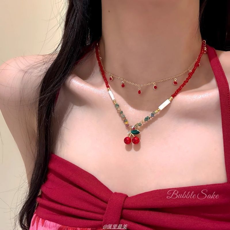 Pendant Beaded Layered Necklace Cherry