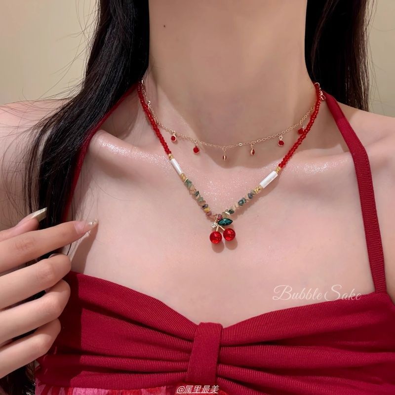 Pendant Beaded Layered Necklace Cherry