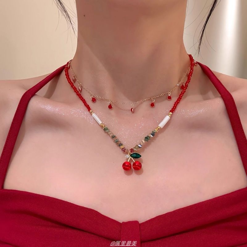 Pendant Beaded Layered Necklace Cherry