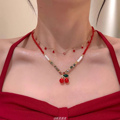 Pendant Beaded Layered Necklace Cherry